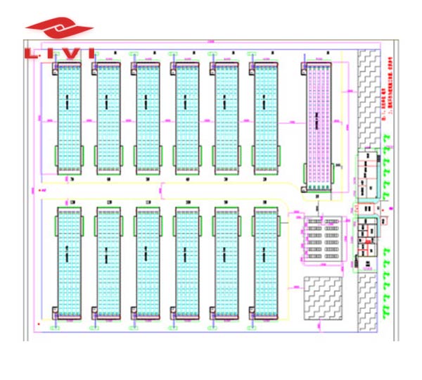 This is the design of a complete poultry farm for 600,000 broiler chicken. Every broiler house has 50,000 chicken. Every broiler house size is 76m*14m. The farm total size is 190m*212m . It includes: chicken house, fodder house,  disinfection zone, fecal pool, Biogas pool, customer reception area, green land and workers office.